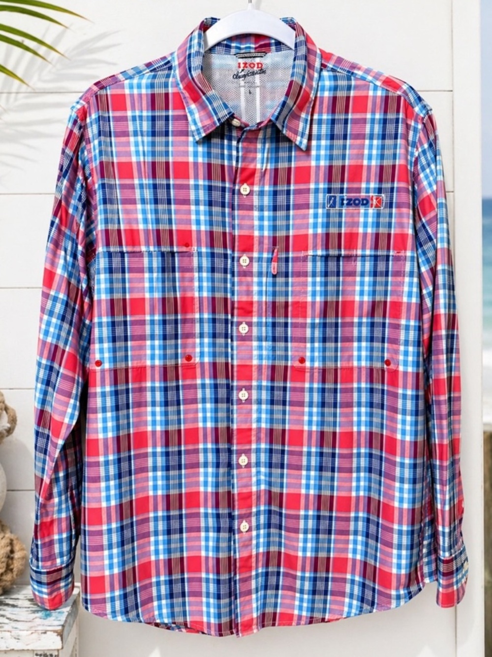 IZOD SURFCASTER Fishing Shirt Men’s L Red White Blue Summer Plaid SPF UPF Vented